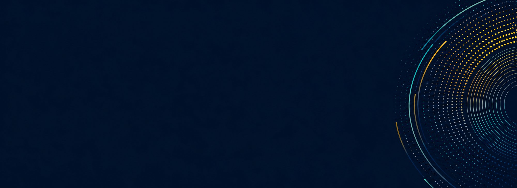 Dark navy background with dotted swirl pattern in yellow and blue on right side